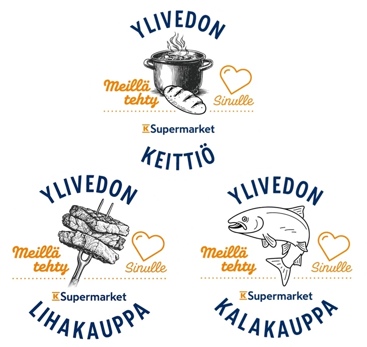 Ylivedon K-Supermarketin bränditarrat keittiölle, lihakaupalle ja kalakaupalle